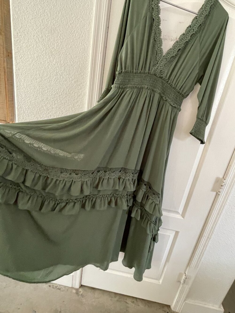 Baltic Born Pippa Ruffle Sage Green Flowy Boho Maxi Dress, Lace Trim, Size L - Picture 3 of 8